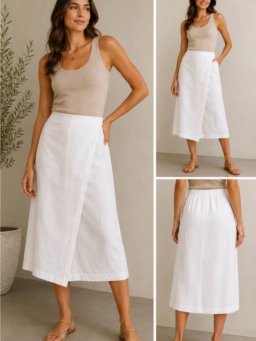 Eileen Fisher White Organic Linen Wrap Midi Skirt Size L Coastal Minimalist